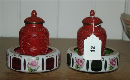 2 overlay glass ash trays & 2 redware vases